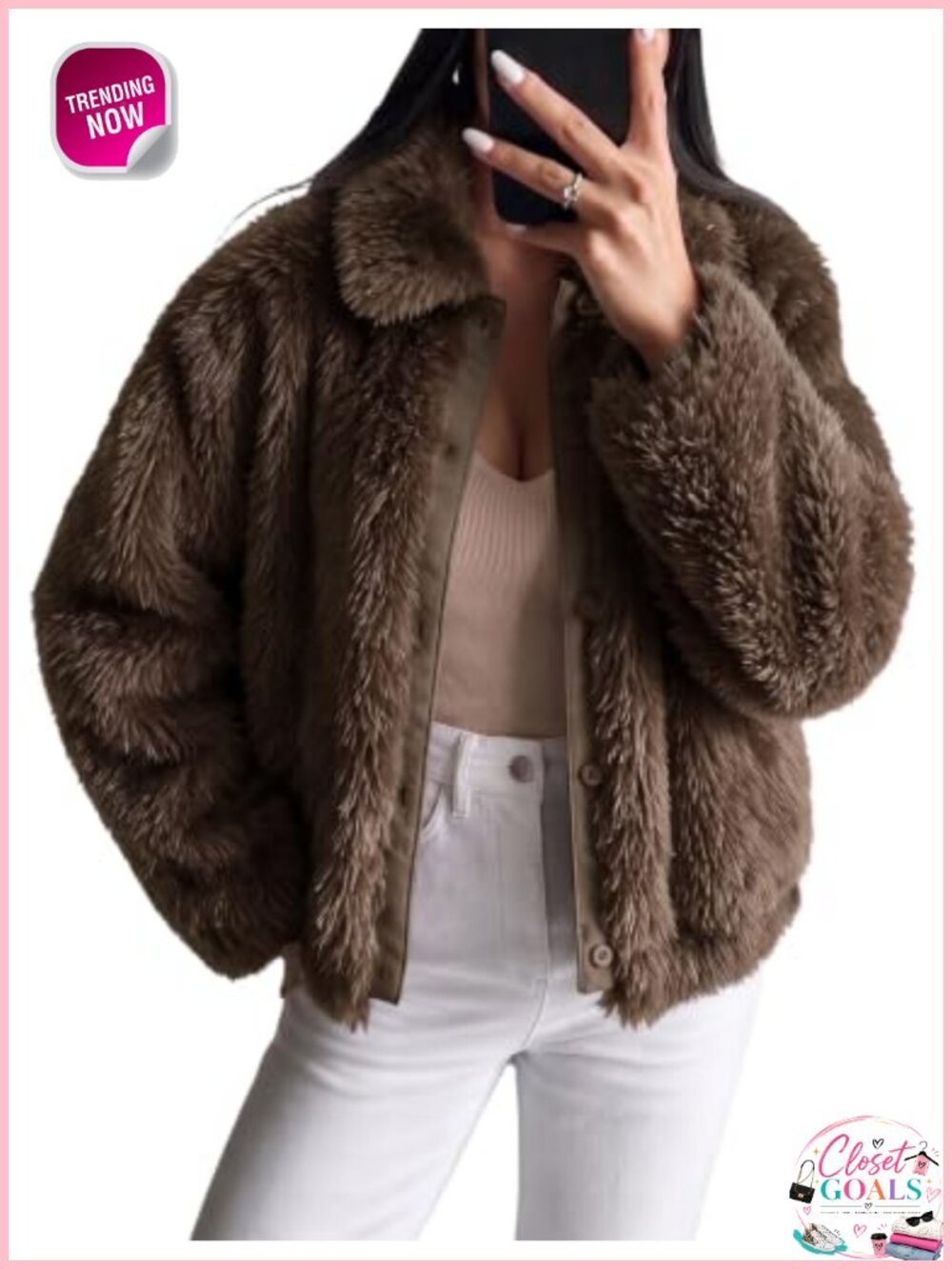 Faux Fur Cropped Button Down Collared Warm Winter Jacket Loose Fit